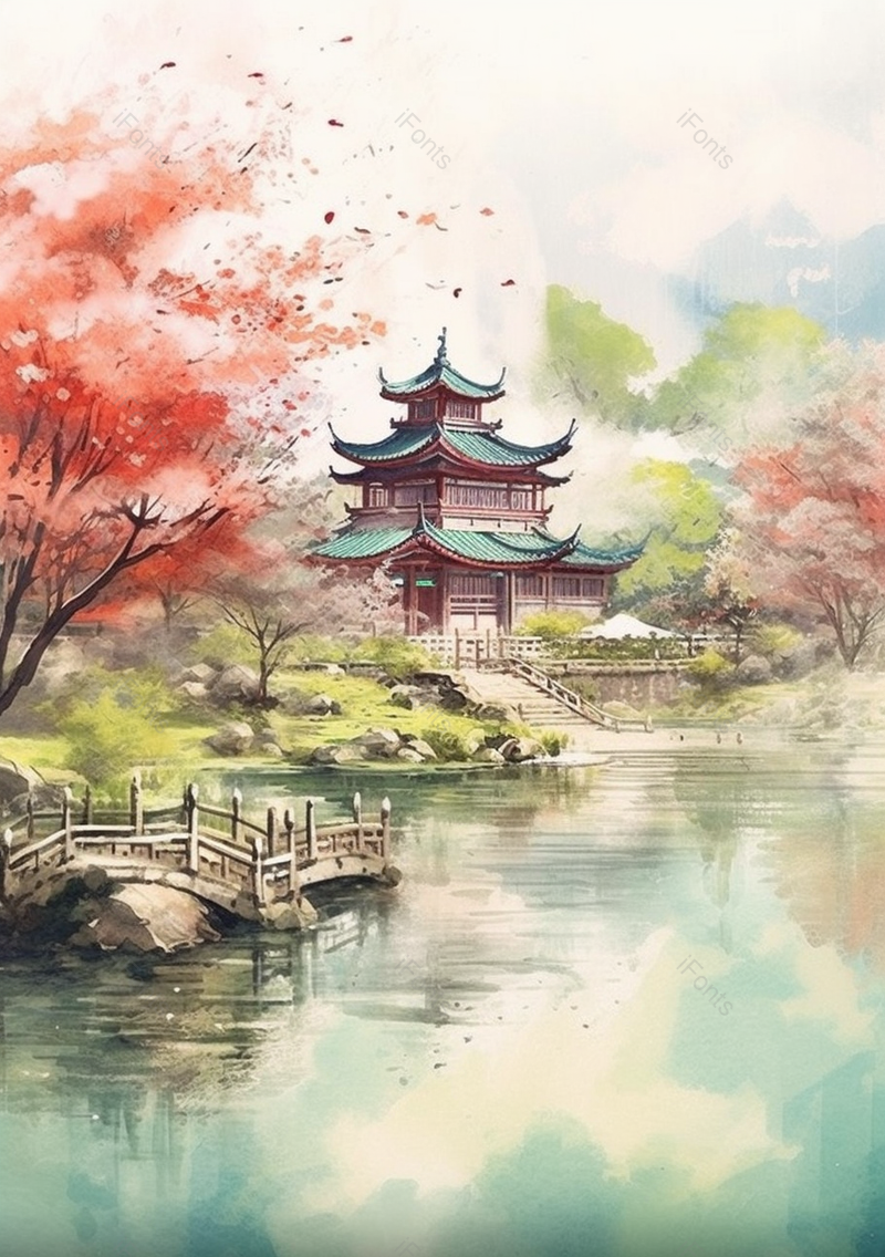 红色枫叶古建筑中国风背景,插画/手绘图,插画/手绘图库,插画/手绘图下载,插画/手绘
